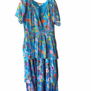 NWOT BRITON COURT Willow Maxi Blue Floral Tropical Dress Women's Size Large